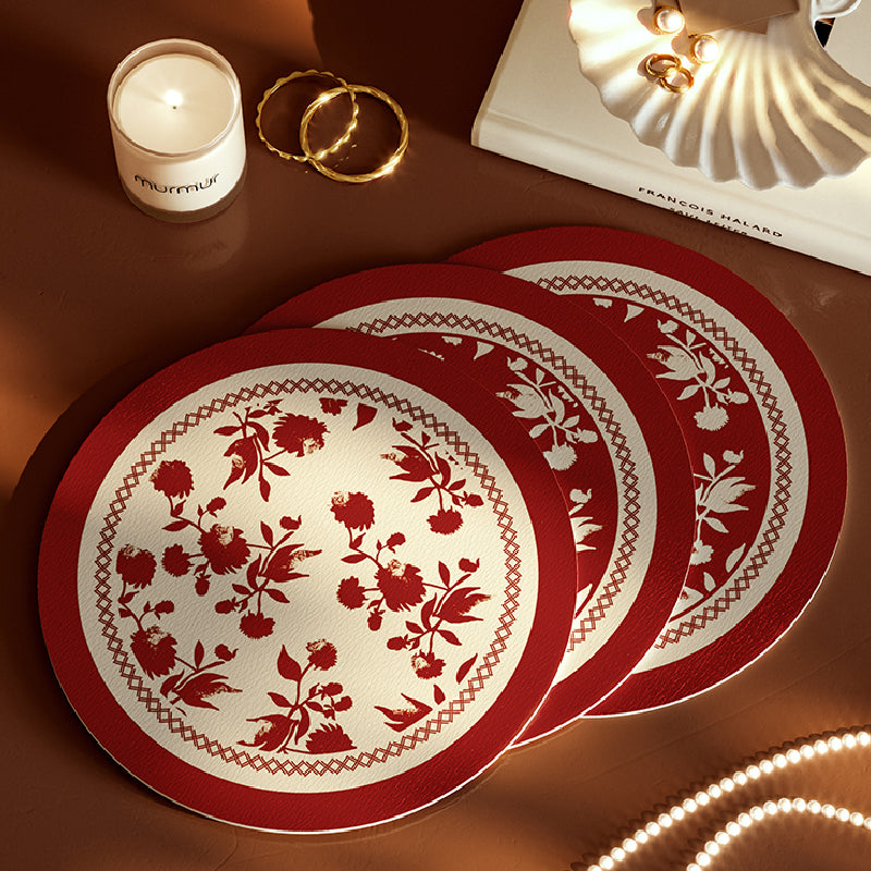 2design burgundy red fower round coaster