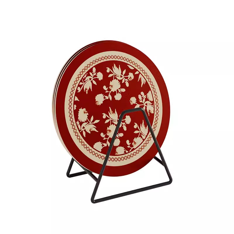 2design burgundy red fower round coaster