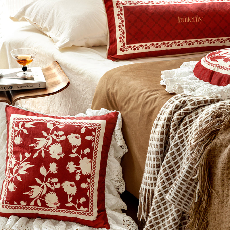 3design burgundy red fower frill cushion