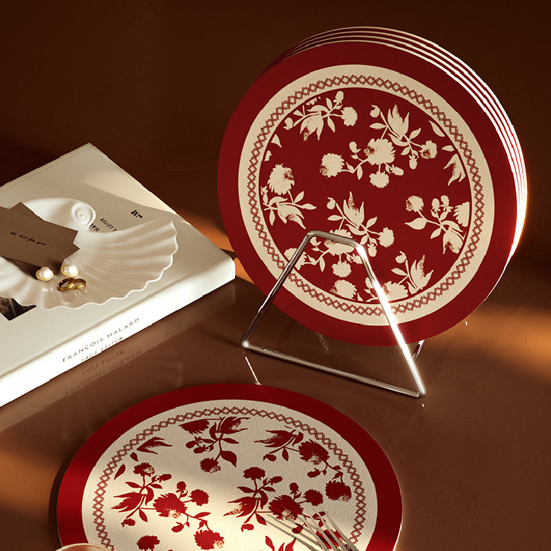 2design burgundy red fower round coaster
