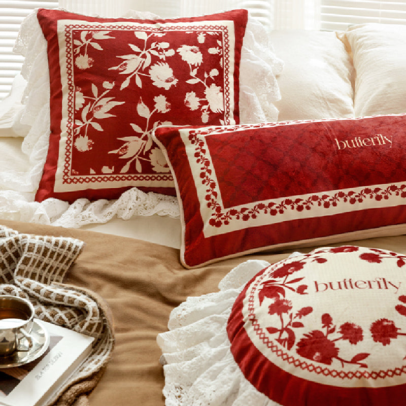 3design burgundy red fower frill cushion