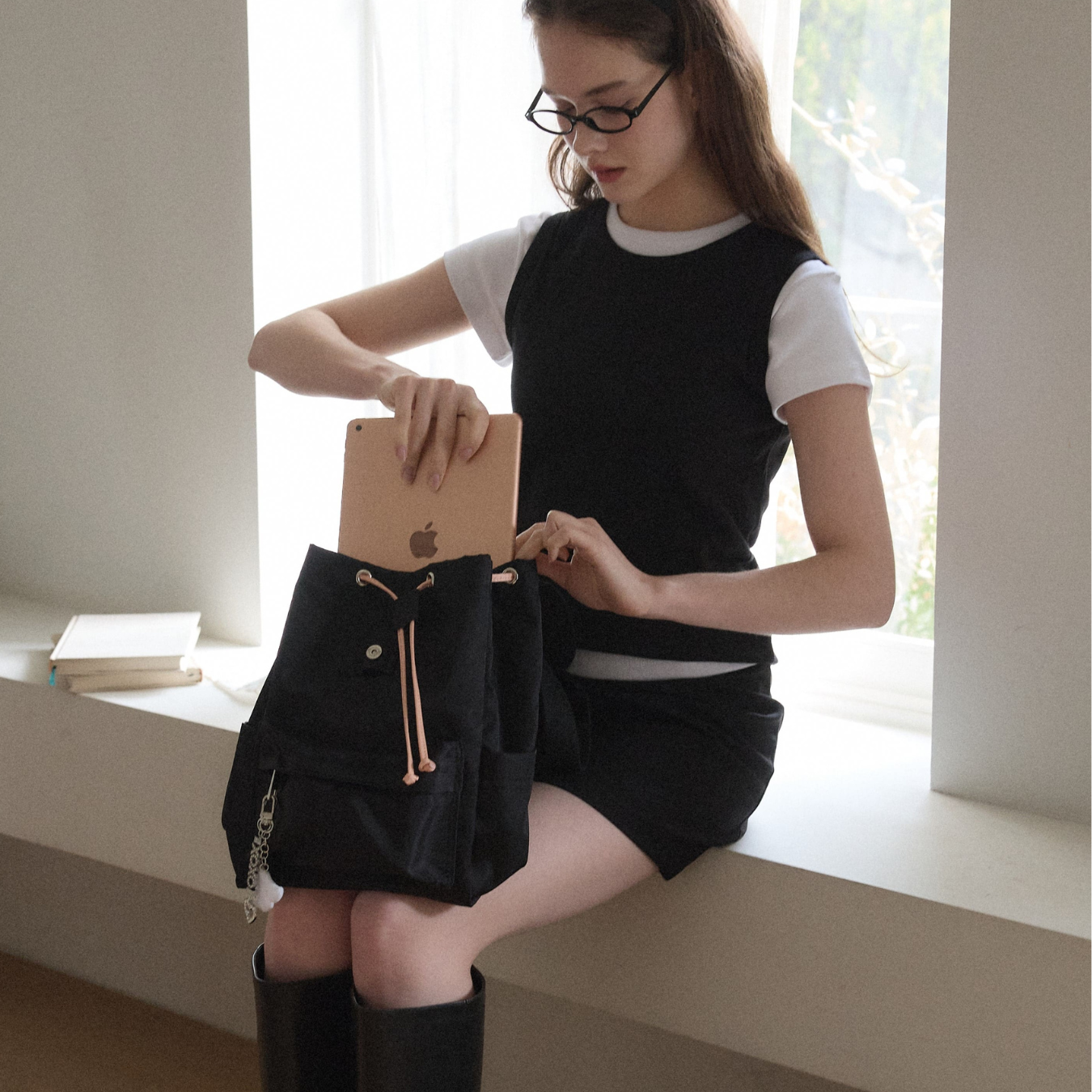 【cosette】nylon backpack (black string / pink string)