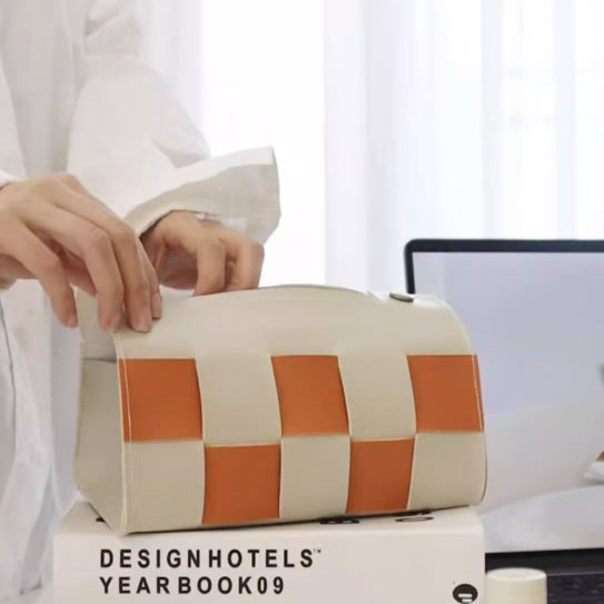 4color block check leather tissue case