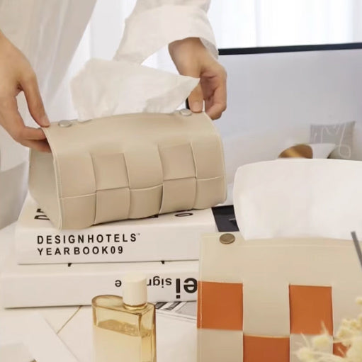 4color block check leather tissue case