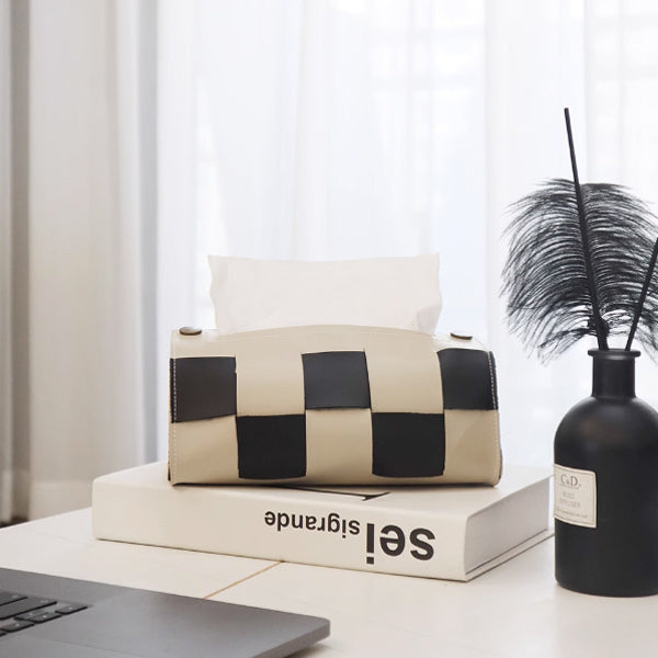 4color block check leather tissue case
