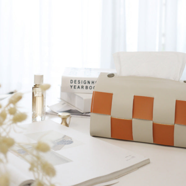4color block check leather tissue case
