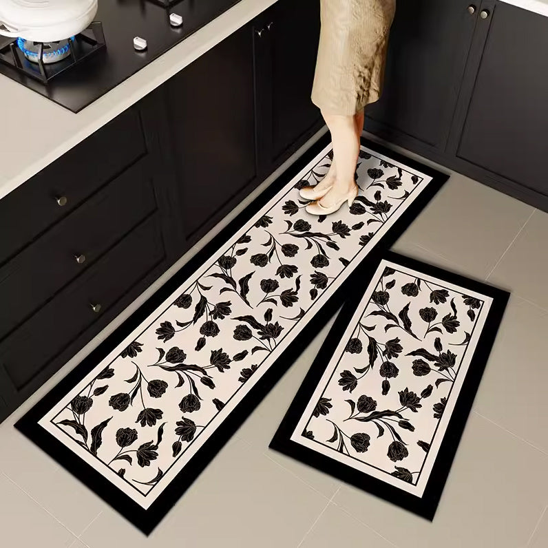 5design black flower kitchen mat