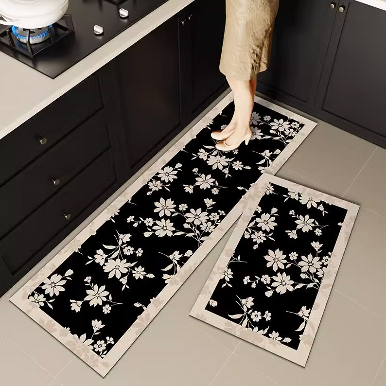 5design black flower kitchen mat