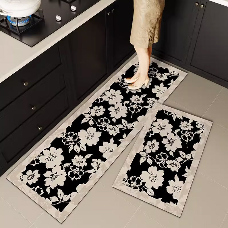 4design black flower kitchen mat