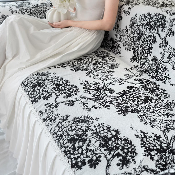 black flower frill sofa cover