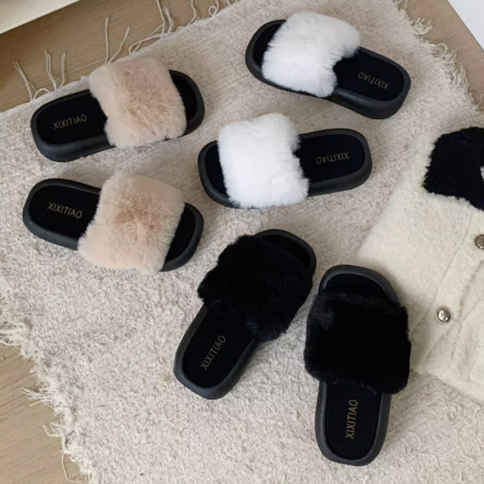 3color fur band room shoes