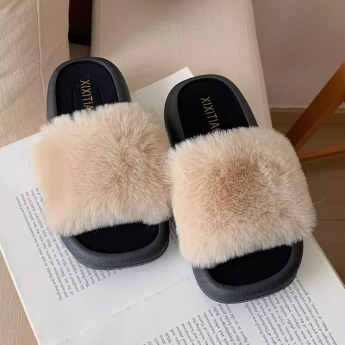 3color fur band room shoes
