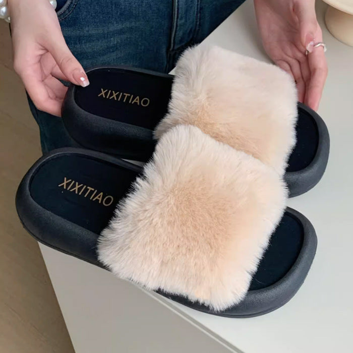 3color fur band room shoes