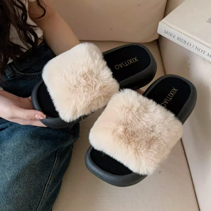 3color fur band room shoes