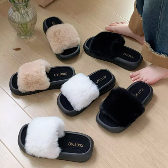 3color fur band room shoes