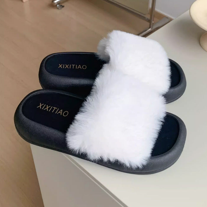 3color fur band room shoes