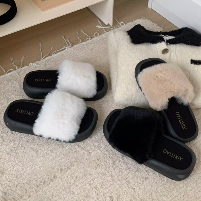 3color fur band room shoes