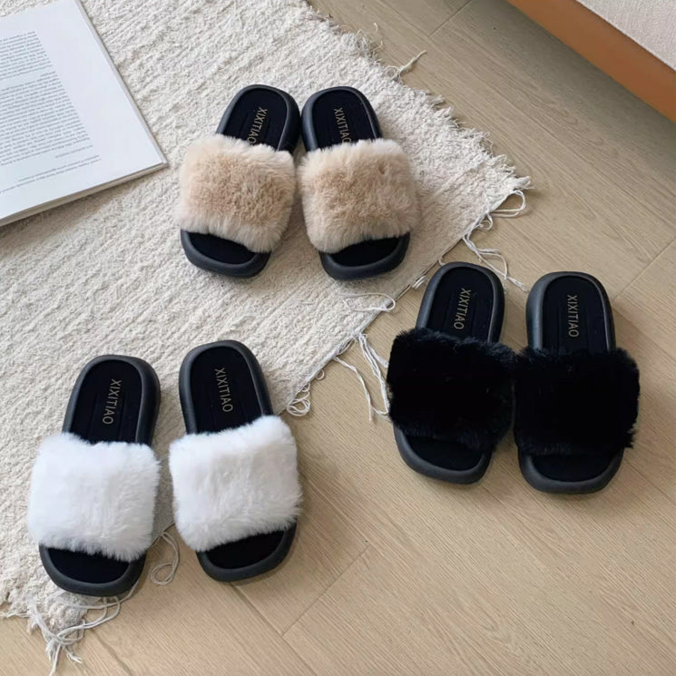 3color fur band room shoes