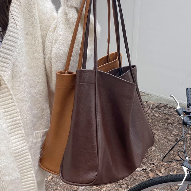3color square leather tote bag