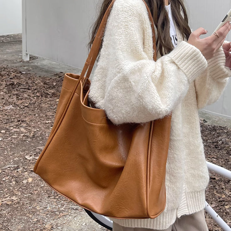 3color square leather tote bag