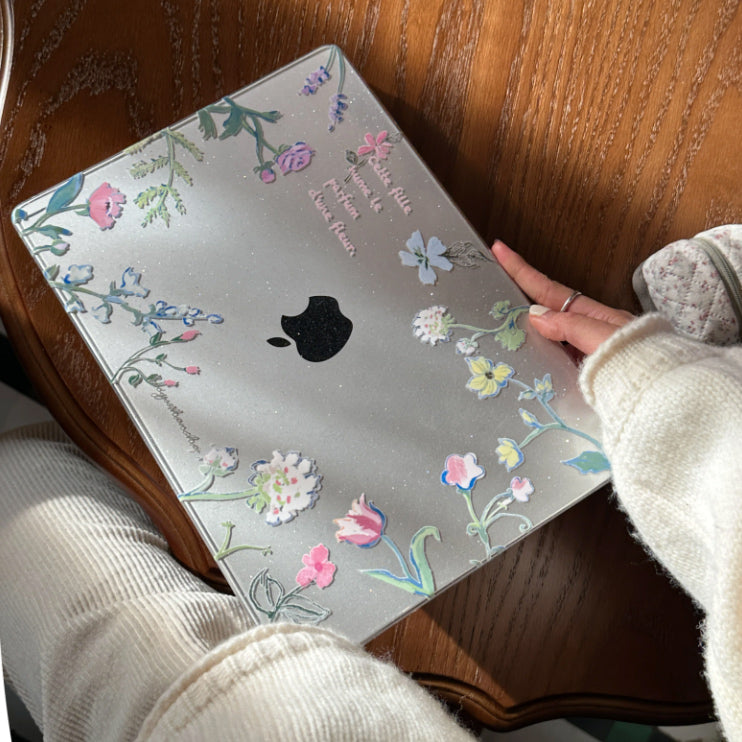 clear glitter flower Mac book case