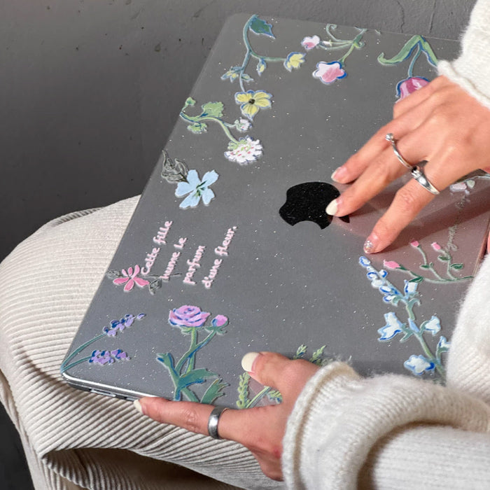 clear glitter flower Mac book case
