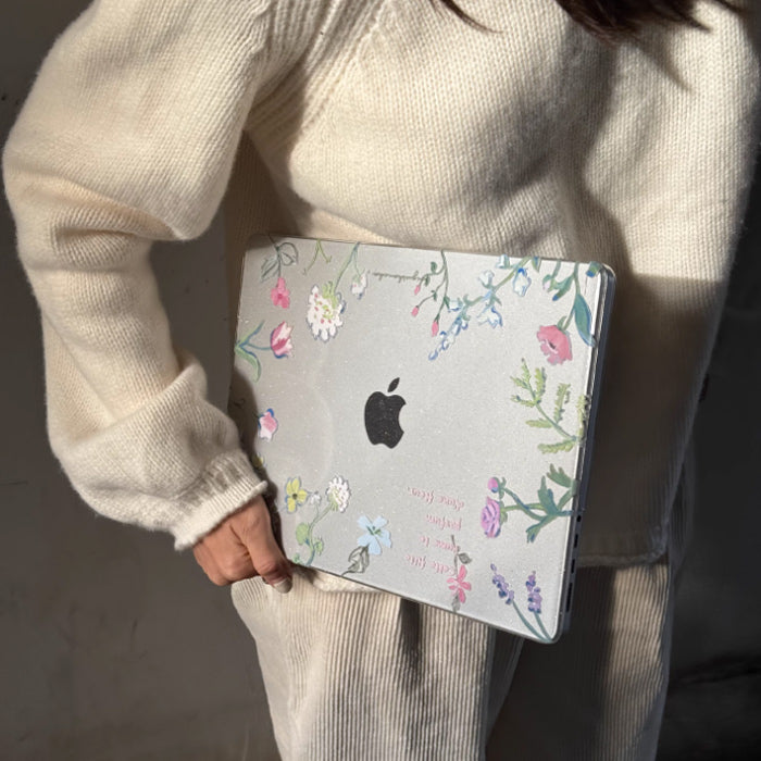 clear glitter flower Mac book case