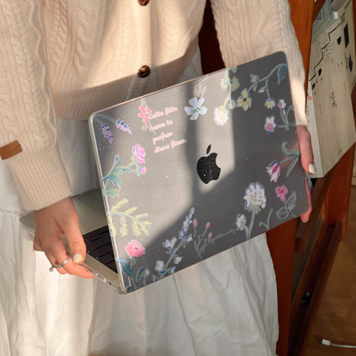 clear glitter flower Mac book case