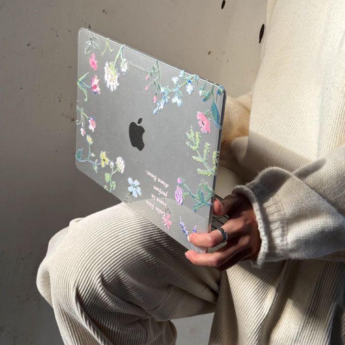 clear glitter flower Mac book case