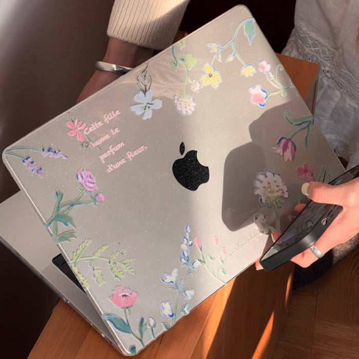 clear glitter flower Mac book case