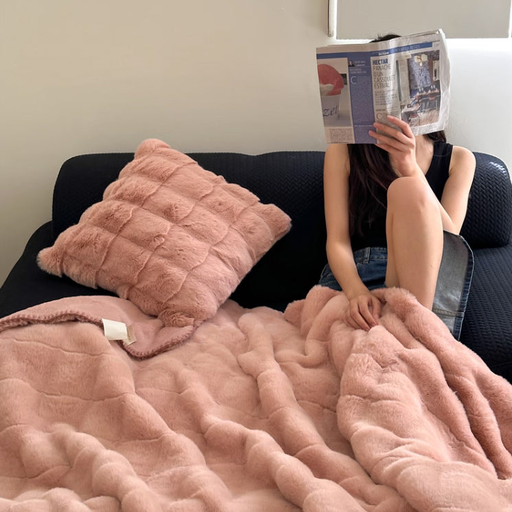 3color block fur blanket