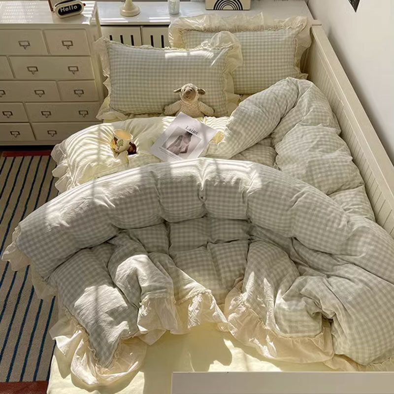 4color gingham check frill bedlinen set