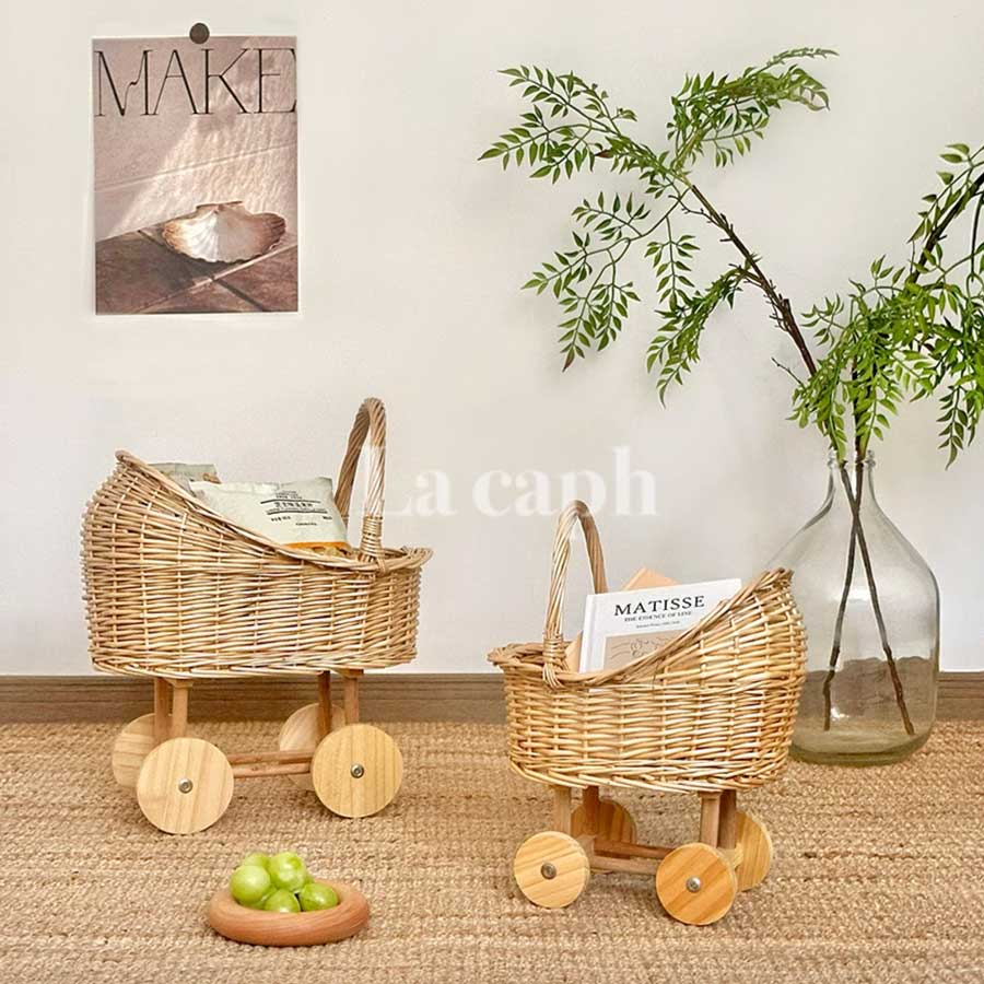 rattan rolling storage basket
