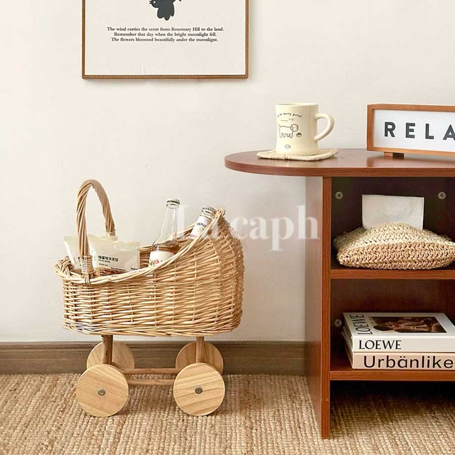 rattan rolling storage basket