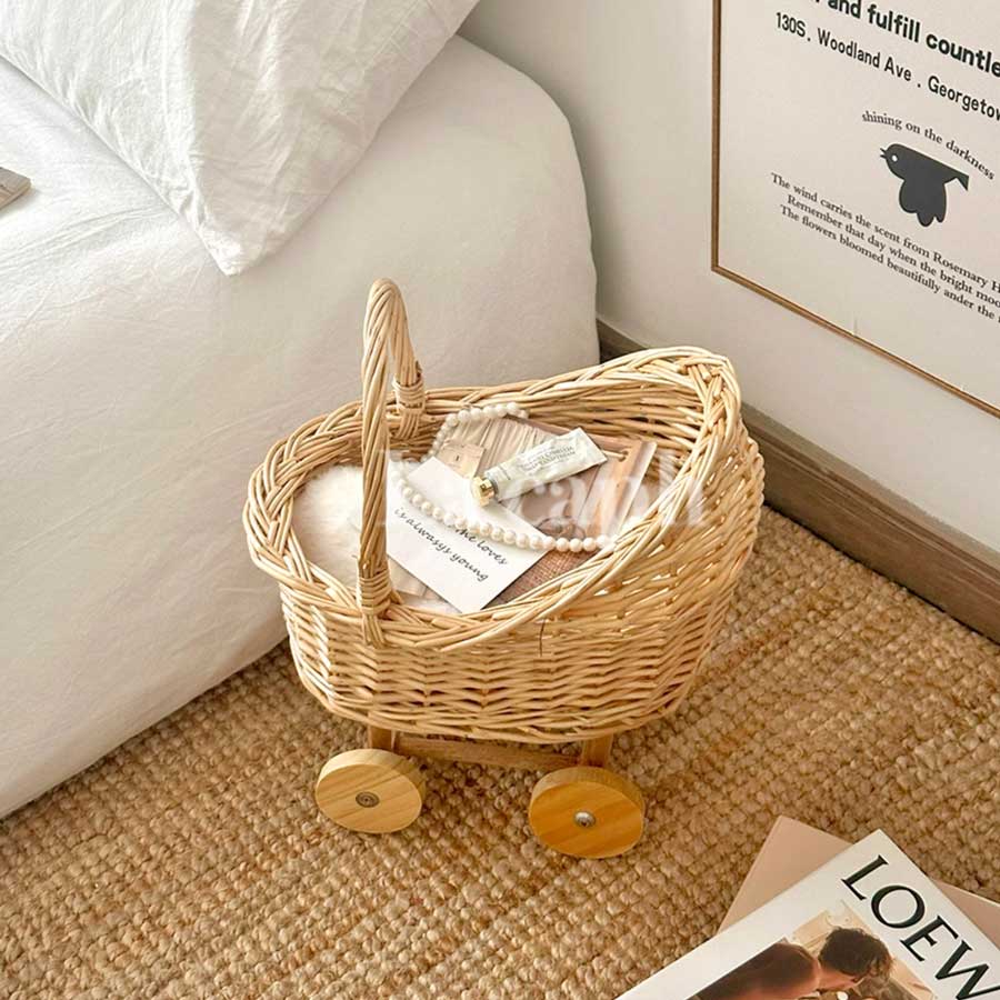 rattan rolling storage basket