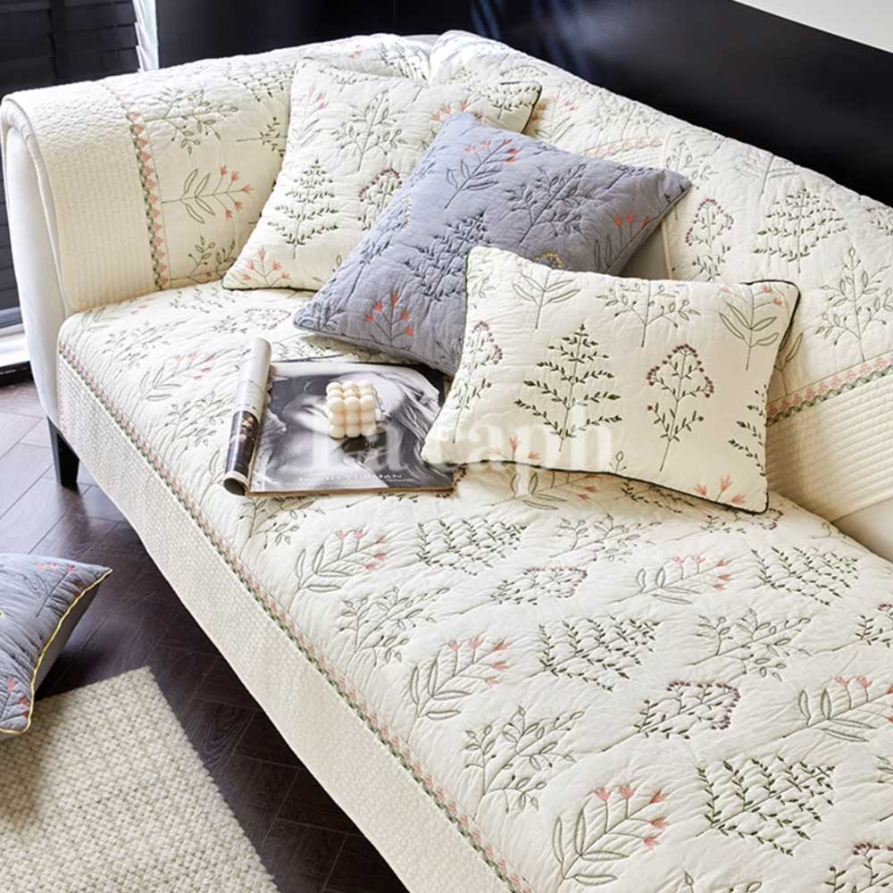 botanical embroidered sofa cover