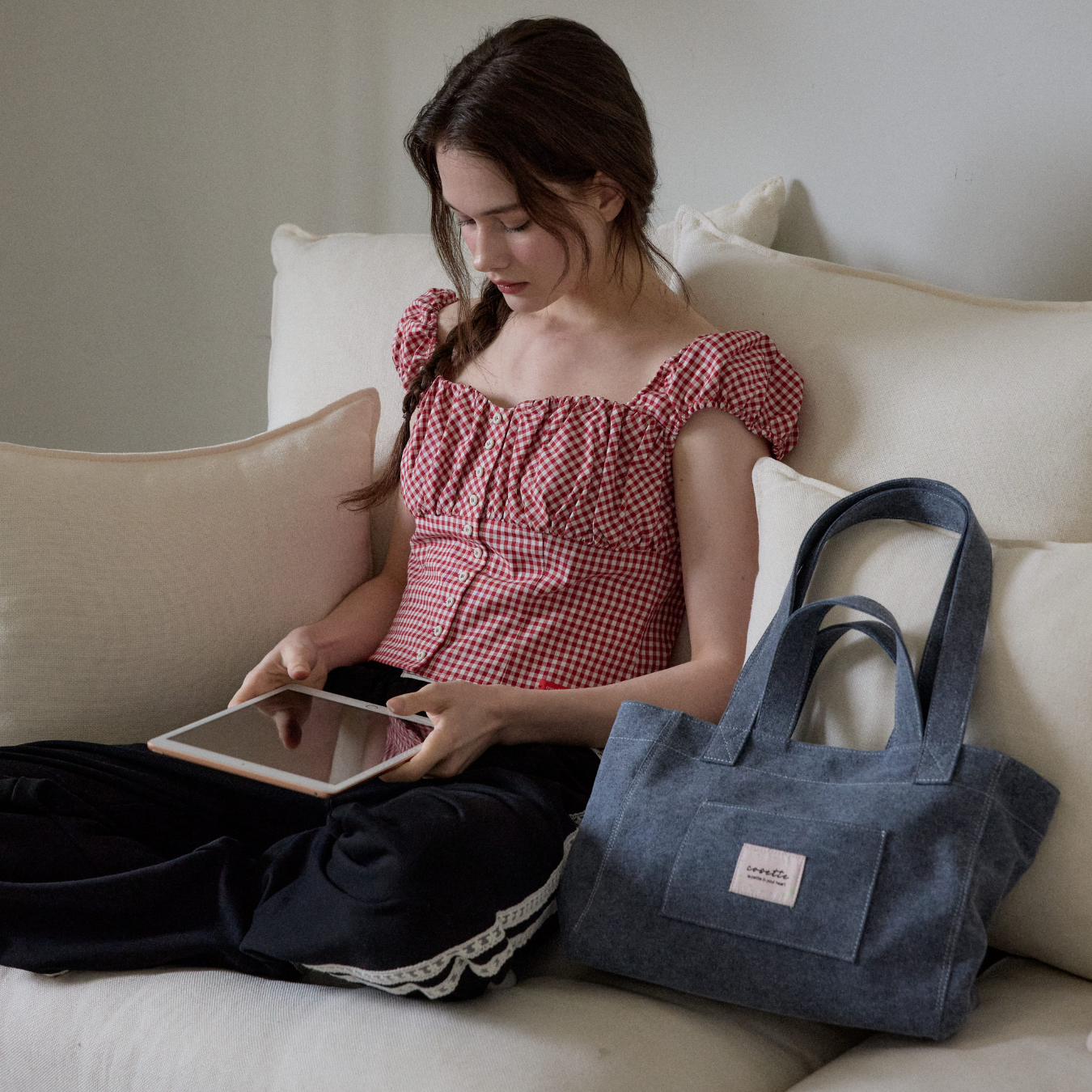 【cosette】basic canvas bag (sky blue / blue / brown)