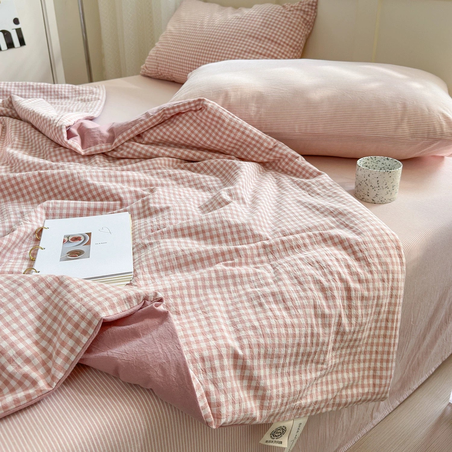 gingham check quilt & pillow sheets set (4color)