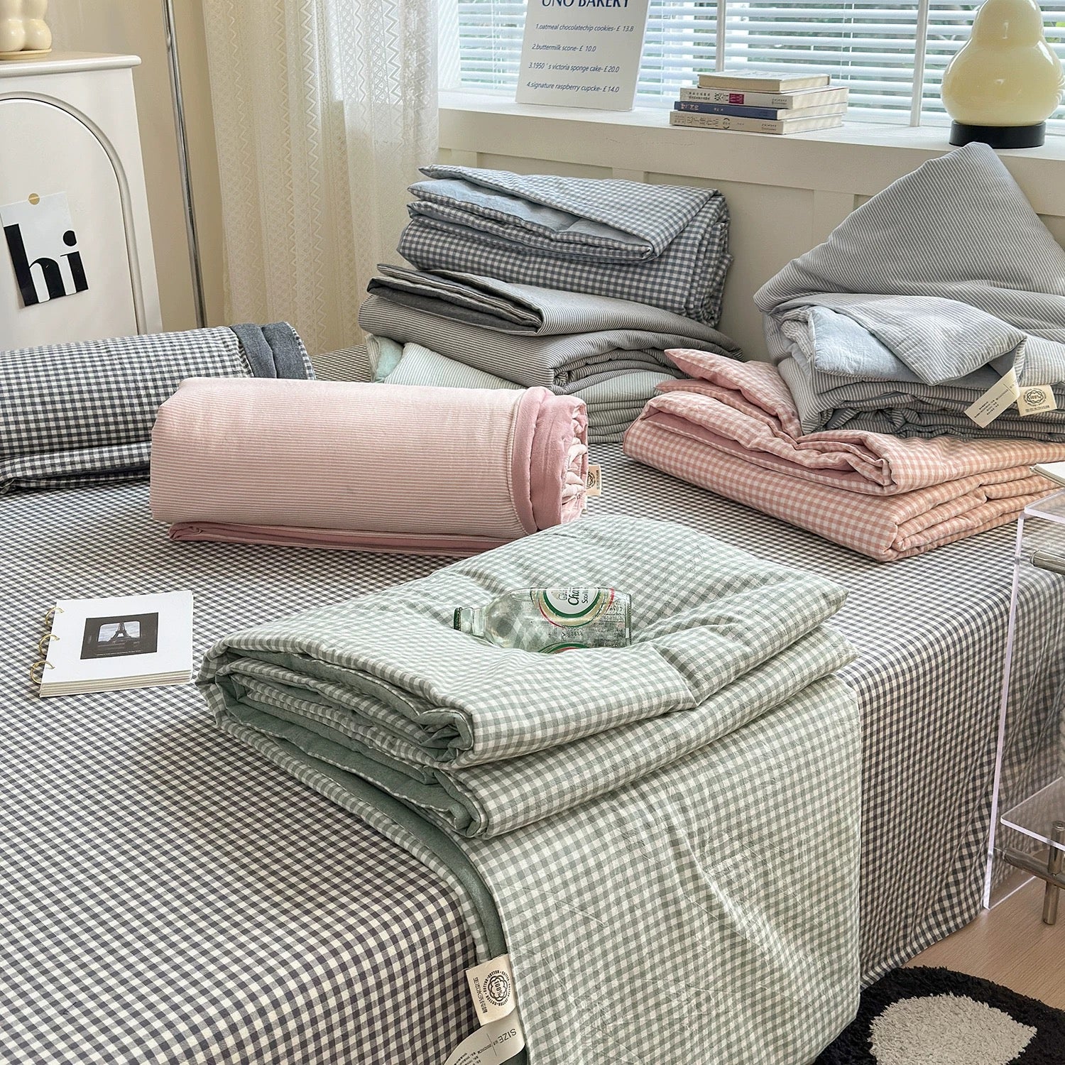 gingham check quilt & pillow sheets set (4color)