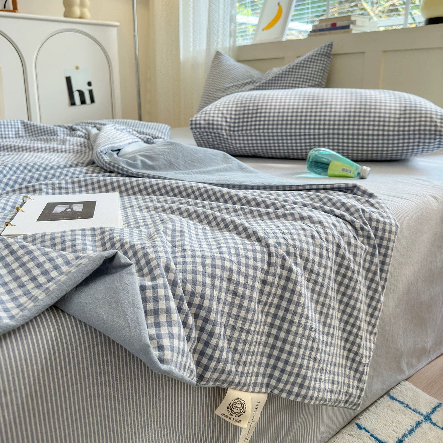 gingham check quilt & pillow sheets set (4color)