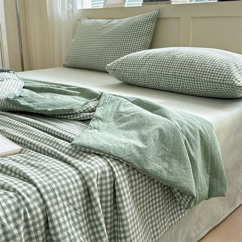 gingham check quilt & pillow sheets set (4color)