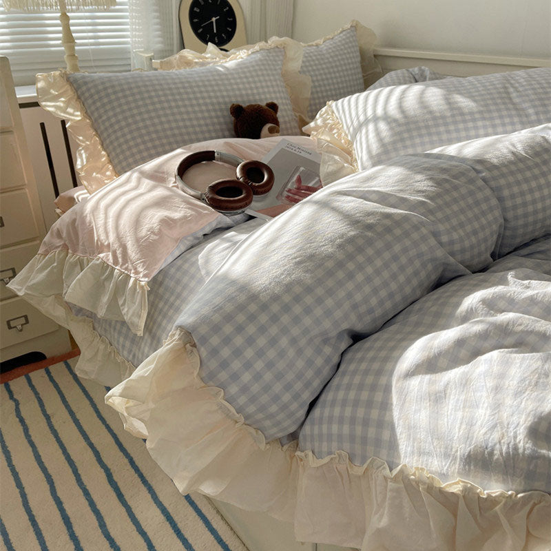 4color gingham check frill bedlinen set
