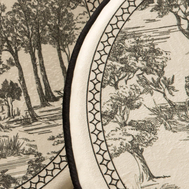 black toile de Jouy round cushion
