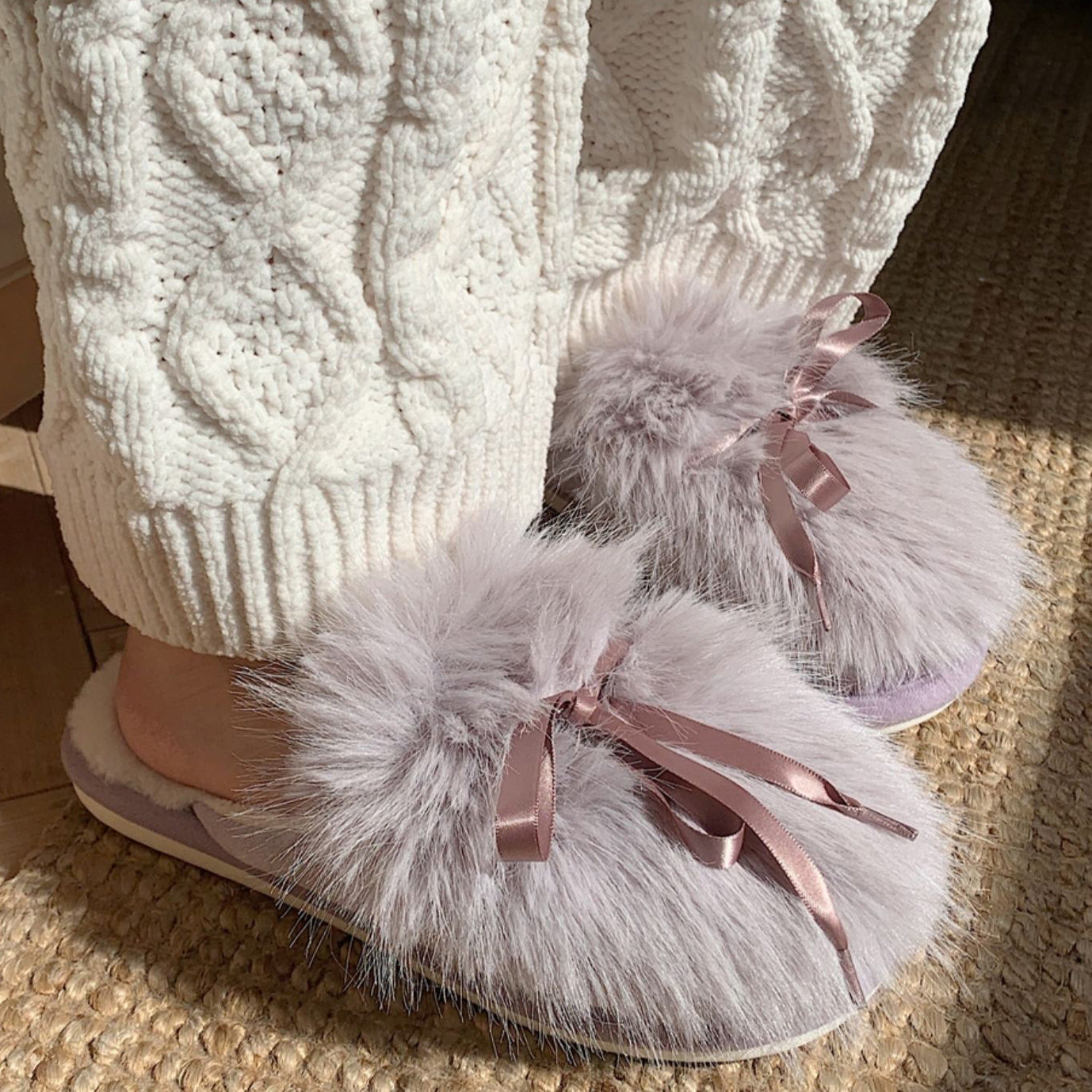 3color fur ribbon roomshoes