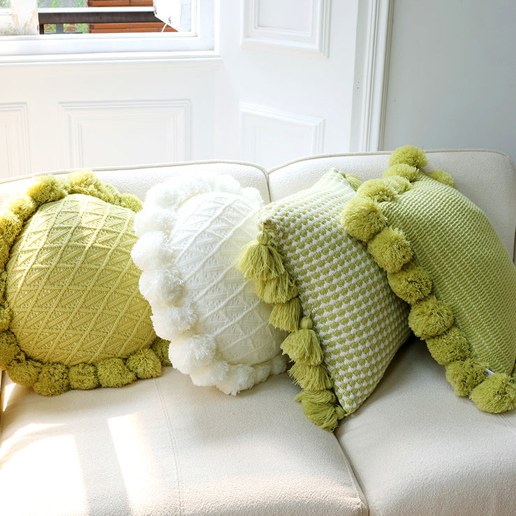 green motif ponpon cushion