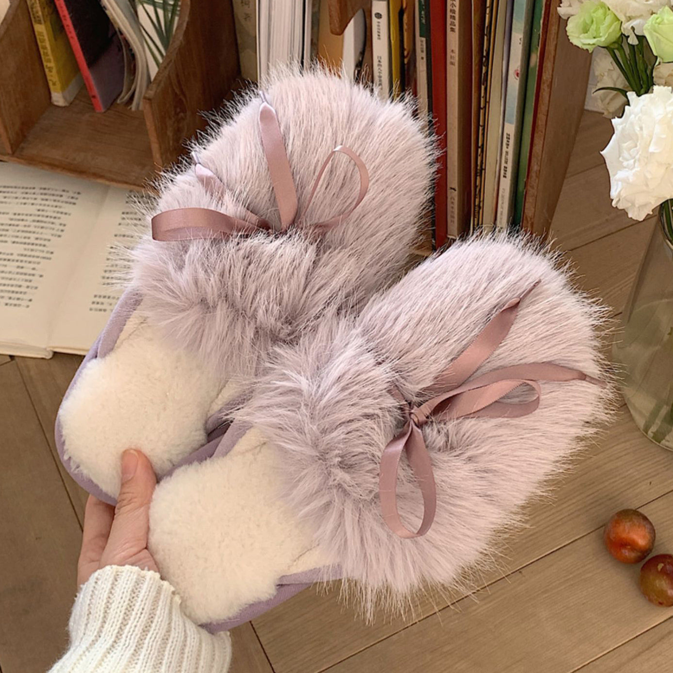 3color fur ribbon roomshoes