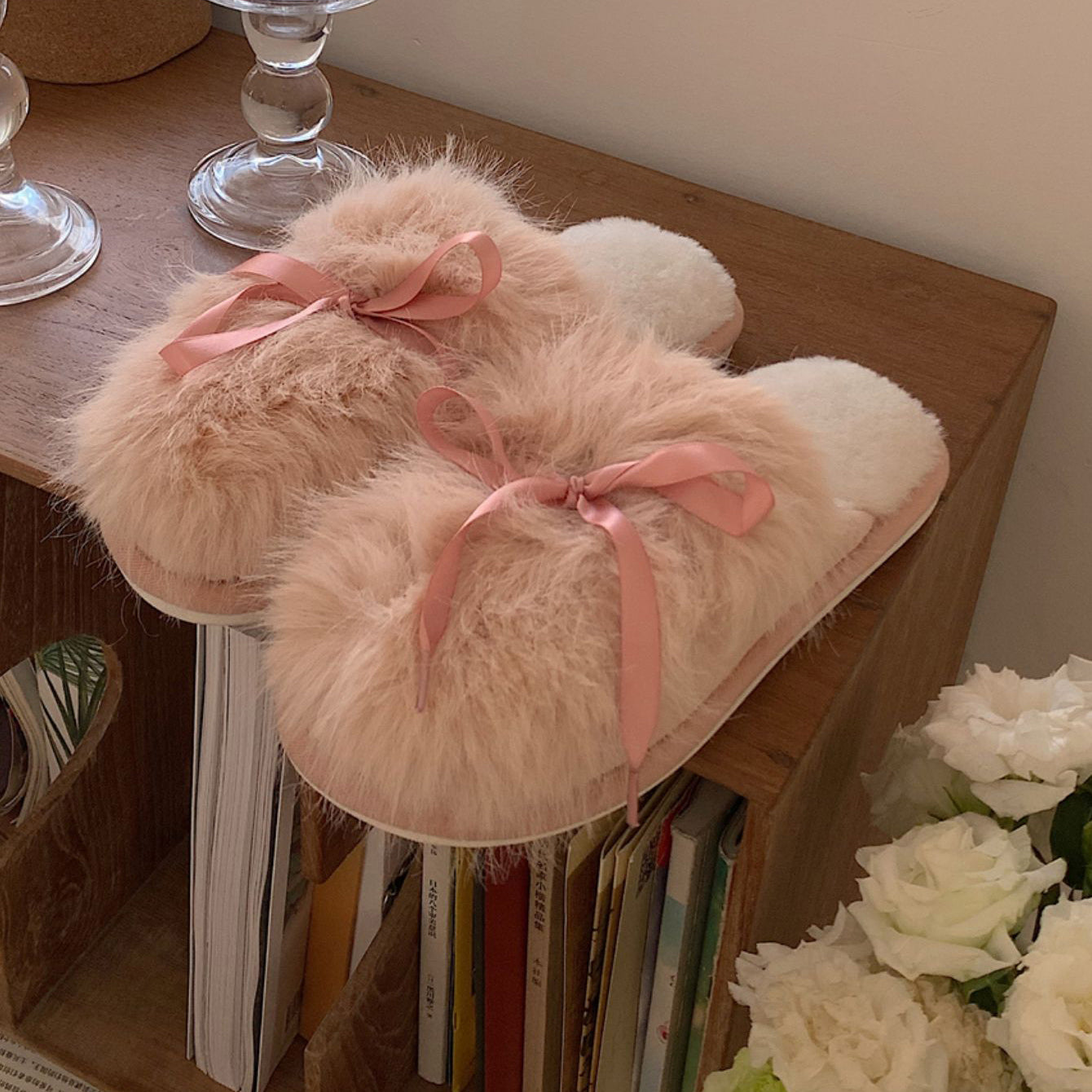 3color fur ribbon roomshoes
