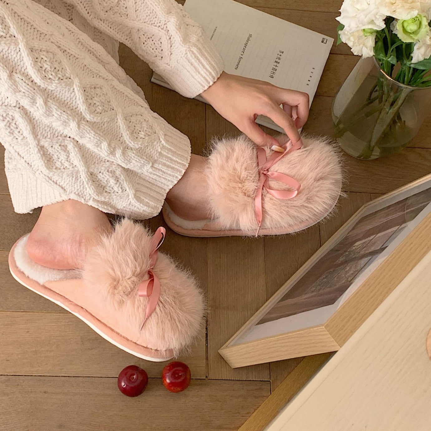 3color fur ribbon roomshoes