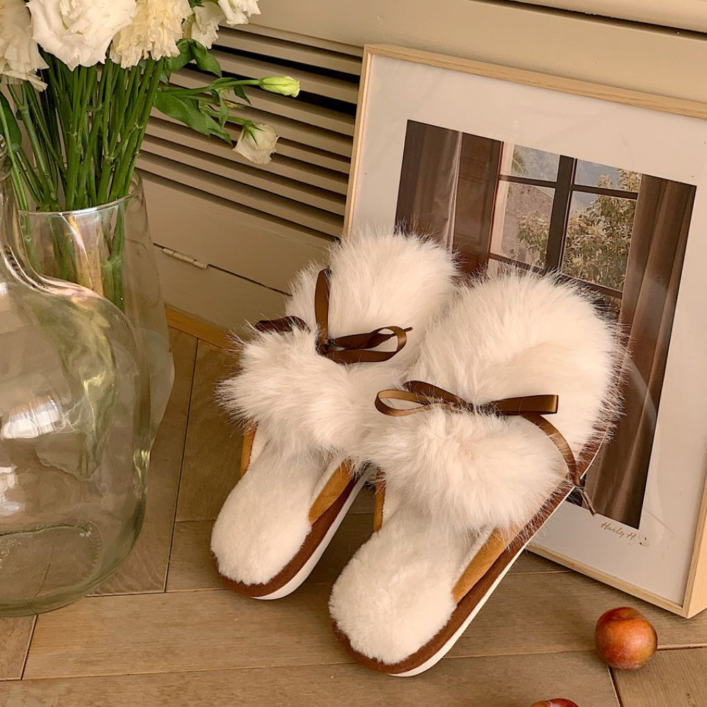 3color fur ribbon roomshoes