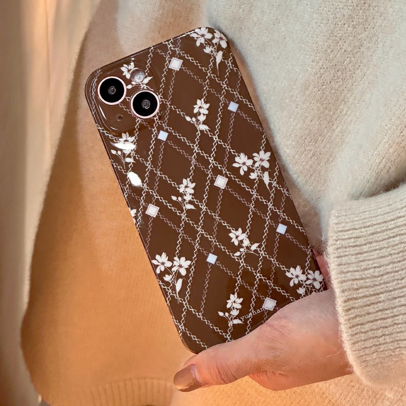 brown check flower iPhone case